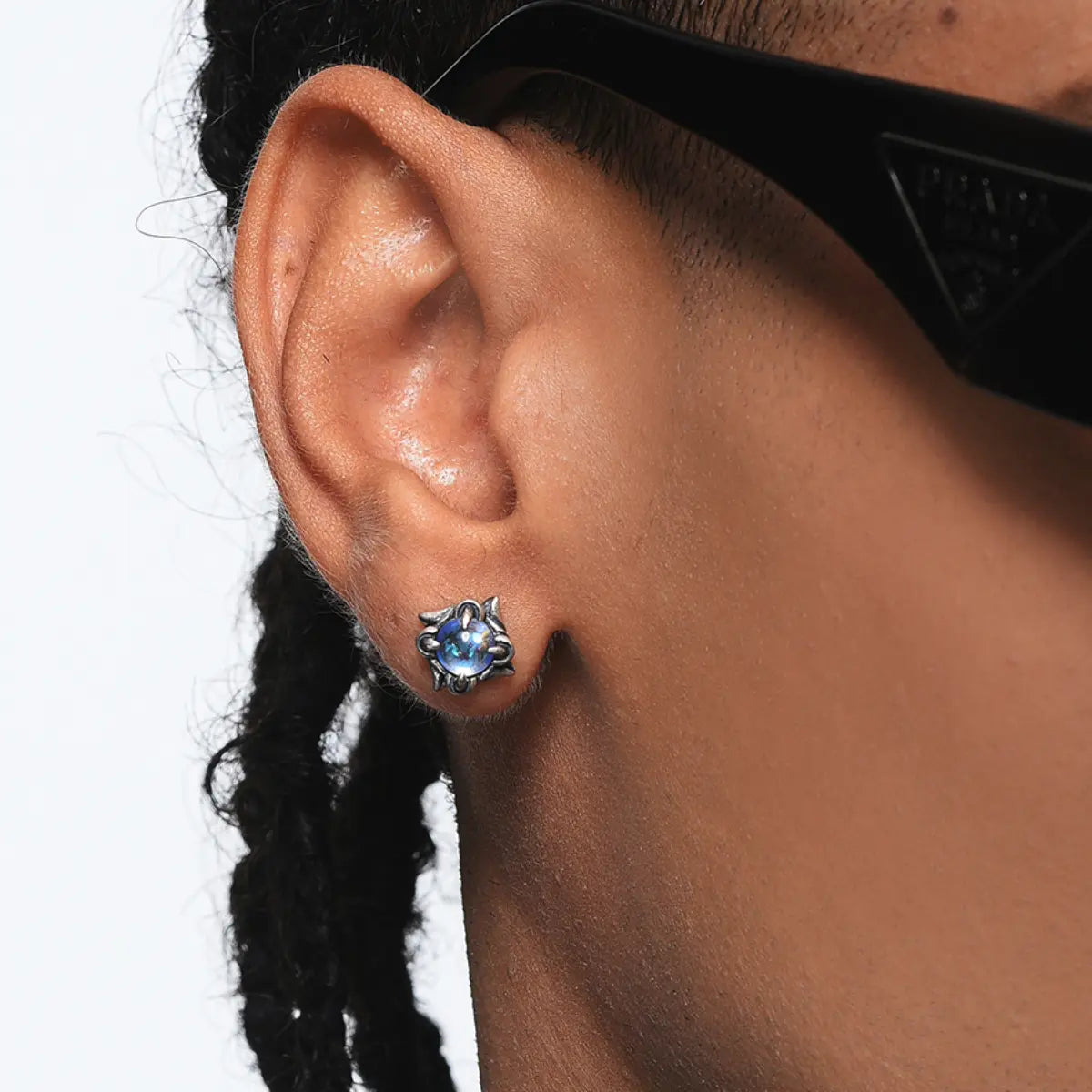 Gem Claw Stud Earrings Worn by Male Model Close Up