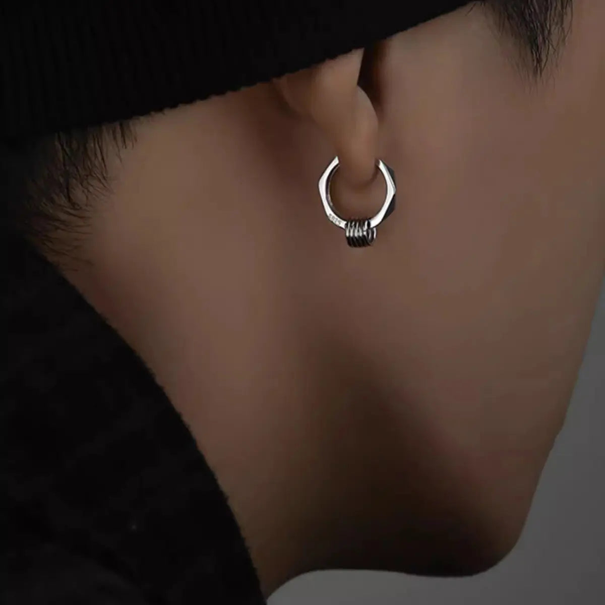 Geometric Hexagon Hoop Earrings with Rings Worn by Male Model Back