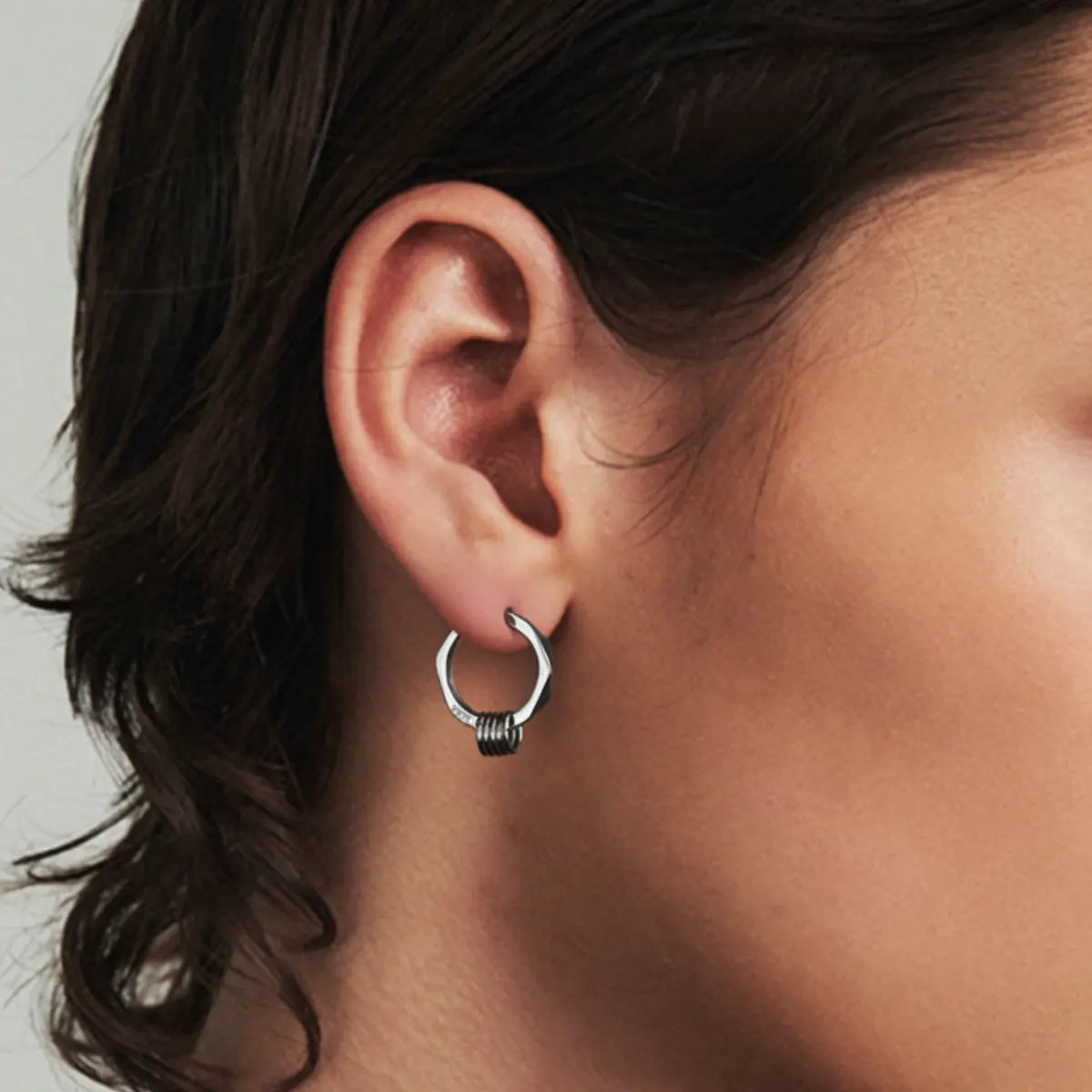 Geometric Hexagon Hoop Earrings with Rings Worn by Male Model Side