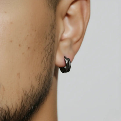 Geometric Hoop Earrings Black Worn by Male Model Close Up