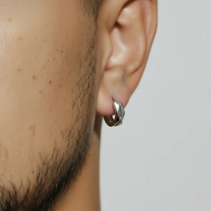 Geometric Hoop Earrings Silver Worn by Male Model Close Up