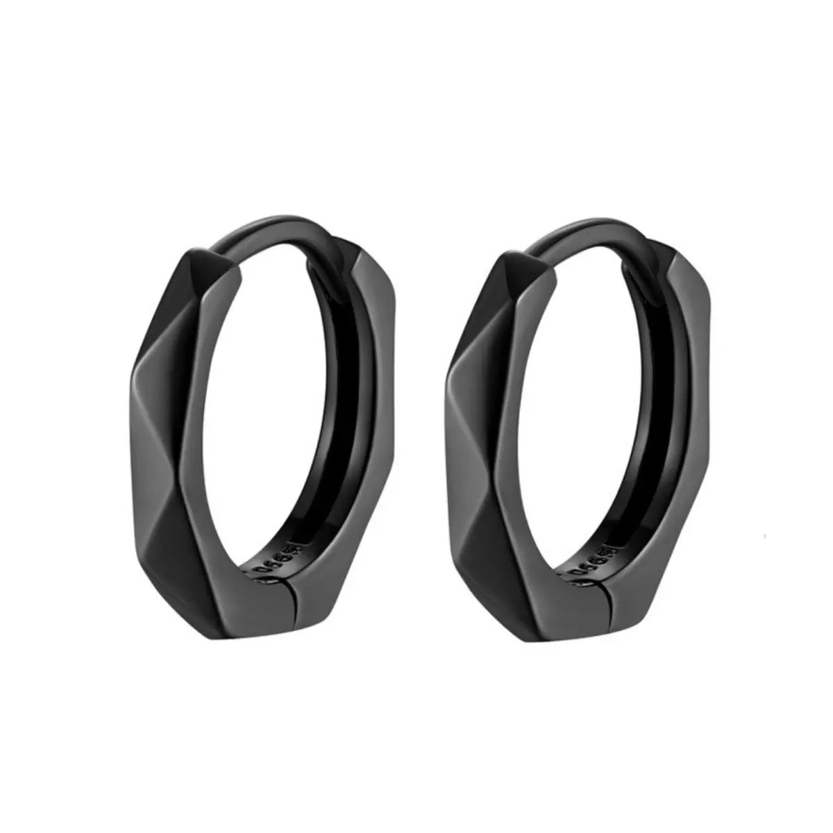 Geometric Silver Huggie Hoop Earrings Black Details