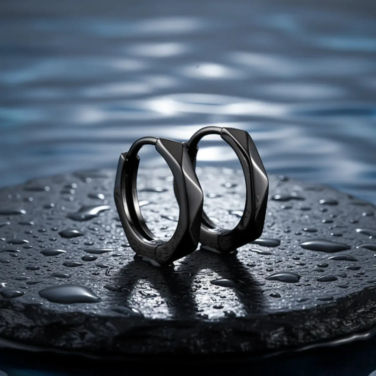 Geometric Silver Huggie Hoop Earrings Black