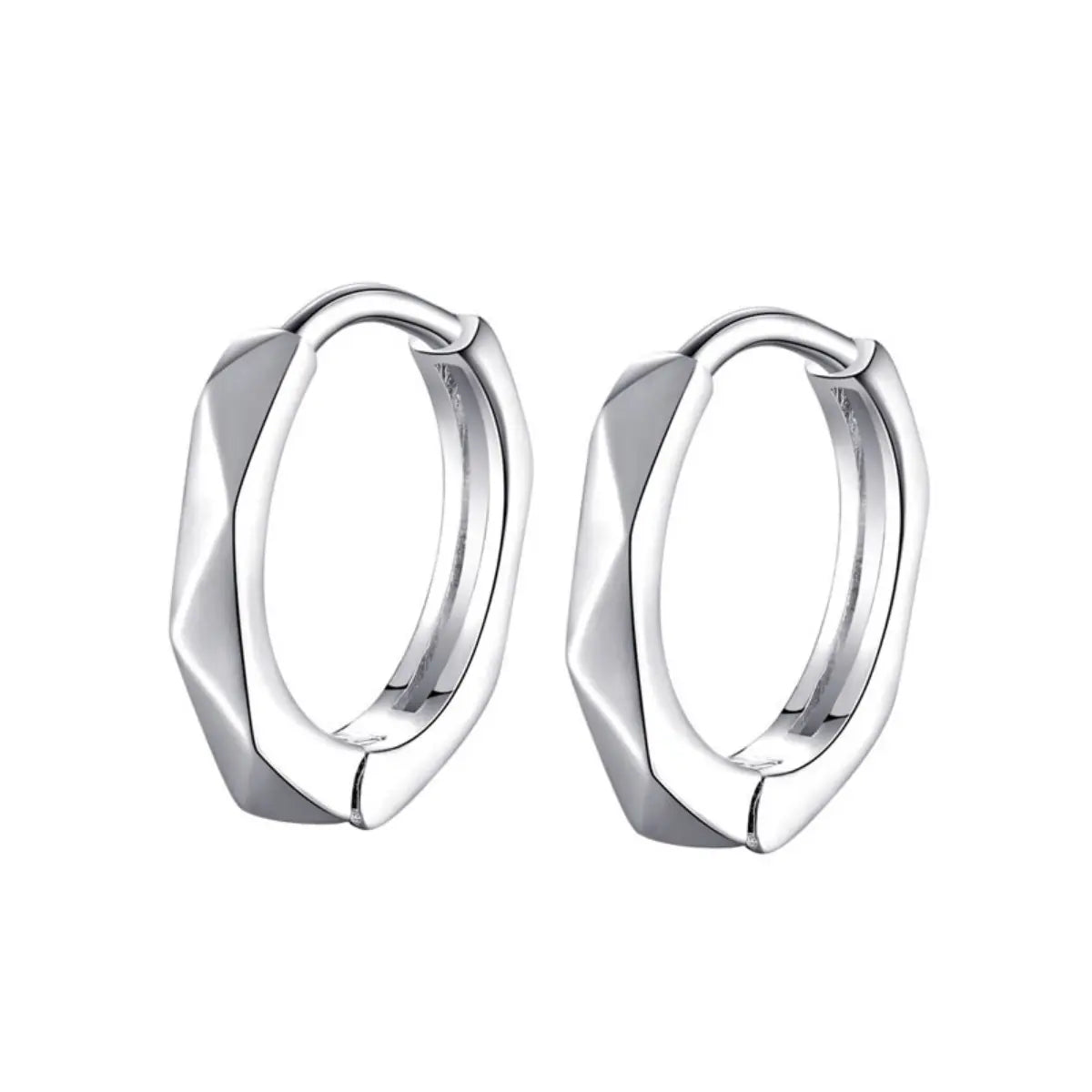 Geometric Silver Huggie Hoop Earrings White Gold Details