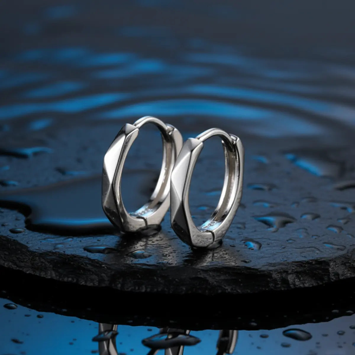 Geometric Silver Huggie Hoop Earrings White Gold