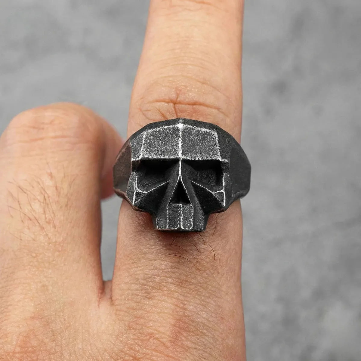 Geometric Skull Ring Worn by Male Model Front