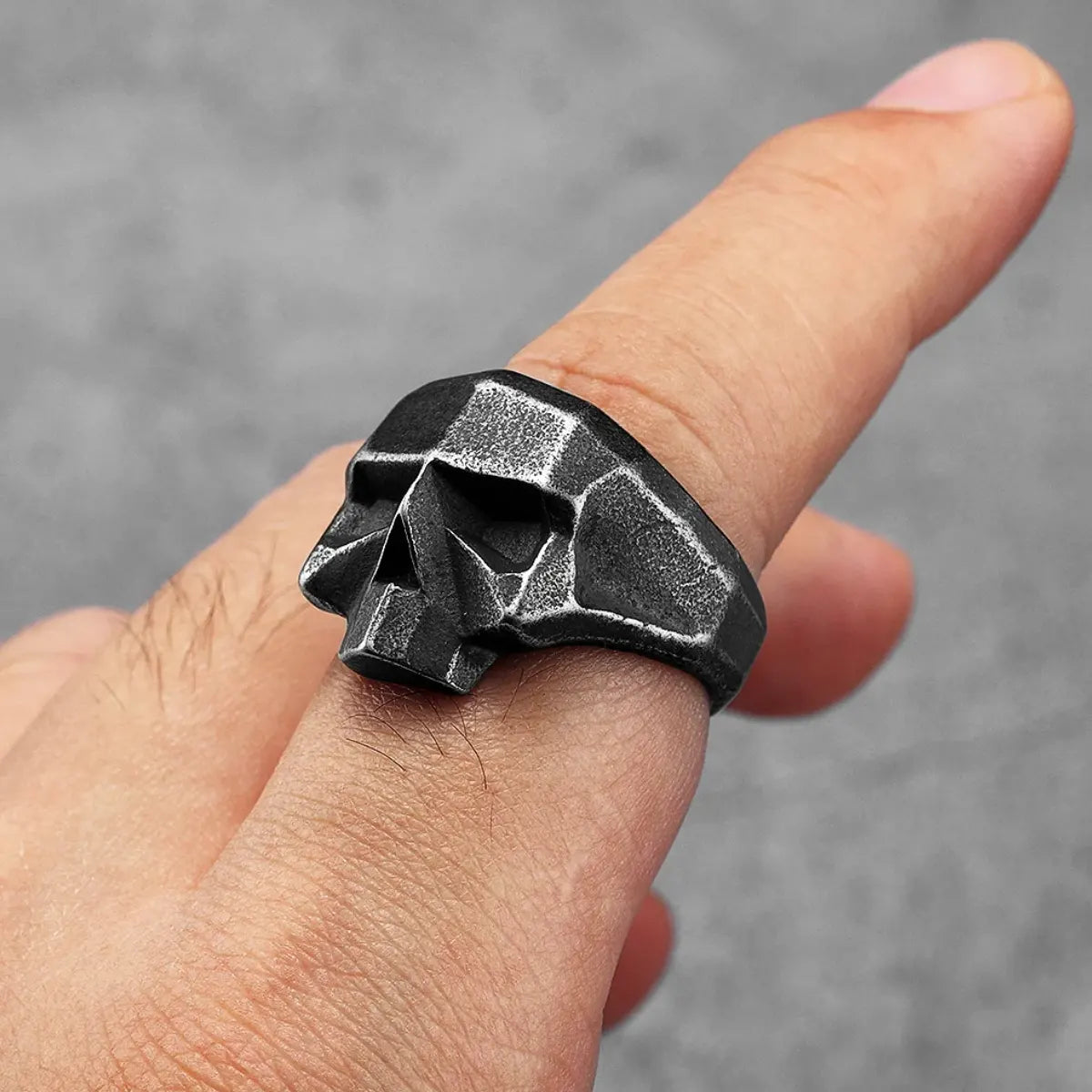 Geometric Skull Ring Worn by Male Model Side