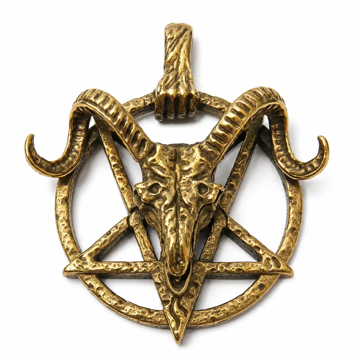 Goat Skull Pentagram Necklace Gold Pendant Only Front View White Background