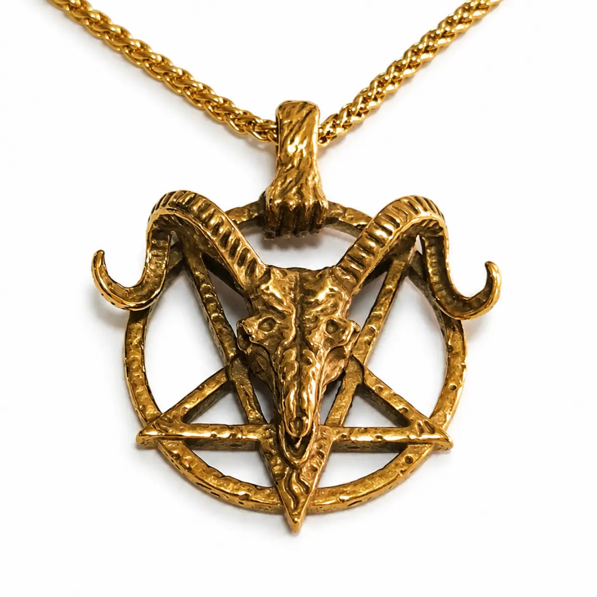 Goat Skull Pentagram Necklace Gold Pendant with Chain Front View White Background
