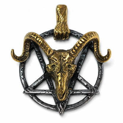 Goat Skull Pentagram Necklace Gold & Silver Pendant Only Front View White Background