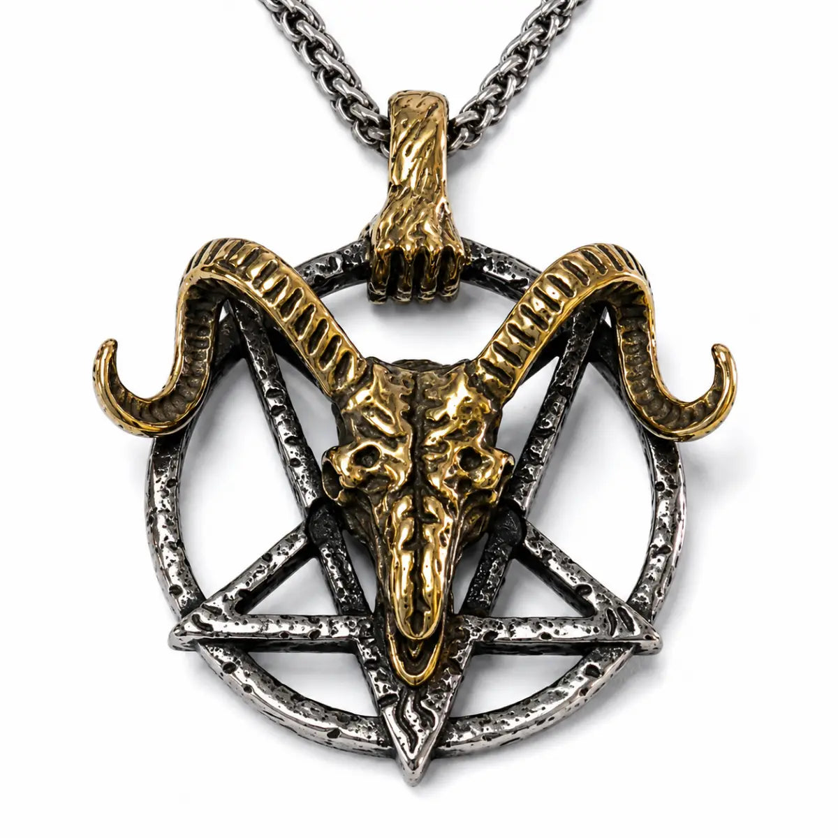 Goat Skull Pentagram Necklace Gold & Silver Pendant with Chain Front View White Background