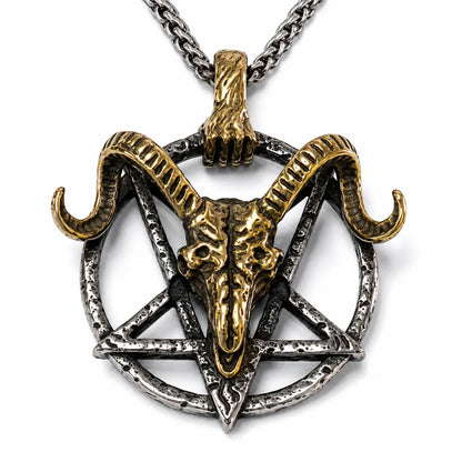 Goat Skull Pentagram Necklace Gold & Silver Pendant with Chain Front View White Background