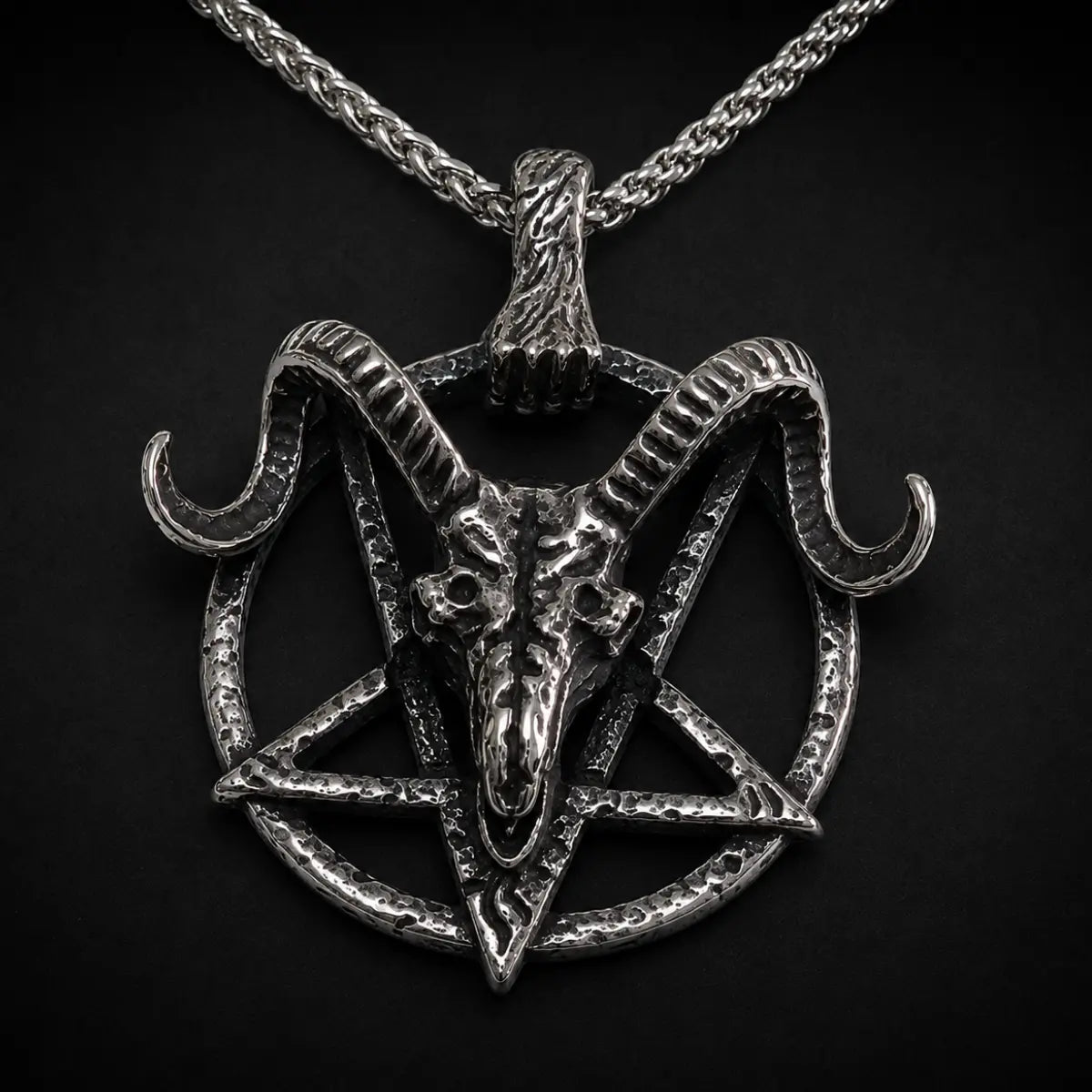 Goat Skull Pentagram Necklace Silver Close Up Black Background