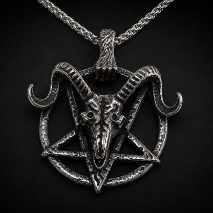 Goat Skull Pentagram Necklace Silver Close Up Black Background