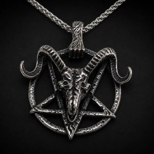 Goat Skull Pentagram Necklace Silver Close Up Black Background