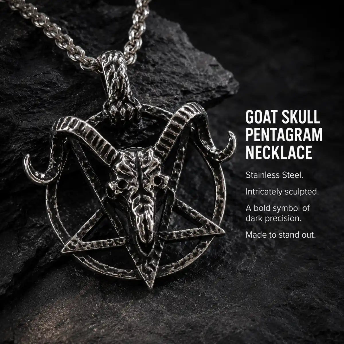 Goat Skull Pentagram Necklace Silver Displayed on Stone Surface