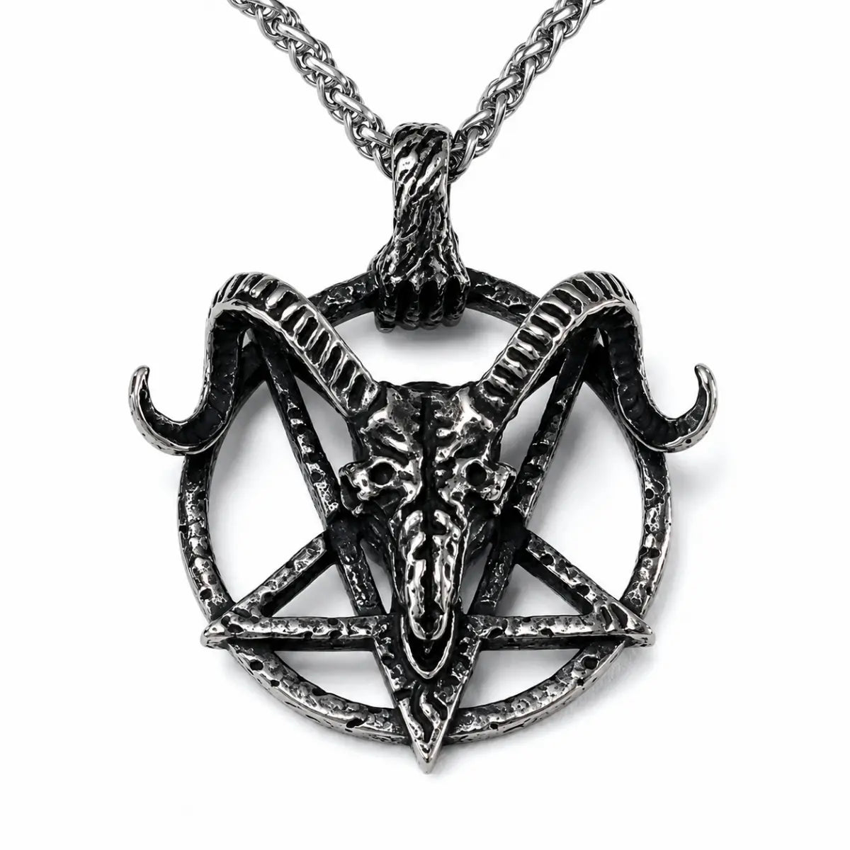 Goat Skull Pentagram Necklace Silver Pendant with Chain Front View White Background