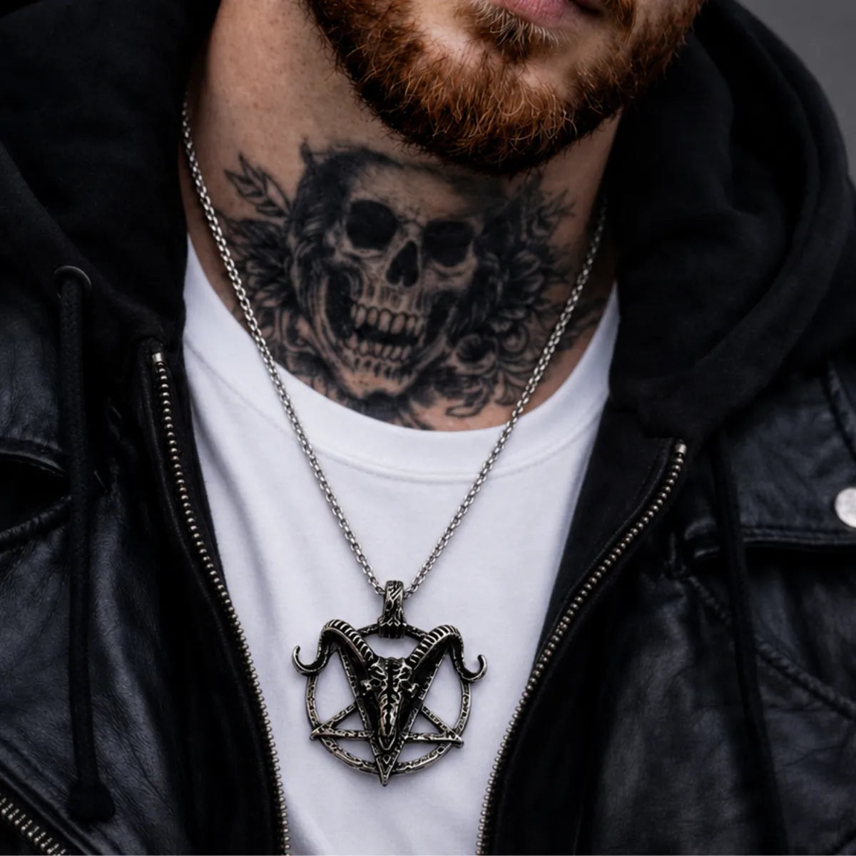 Goat Skull Pentagram Necklace Silver Worn by Male Model Chest View