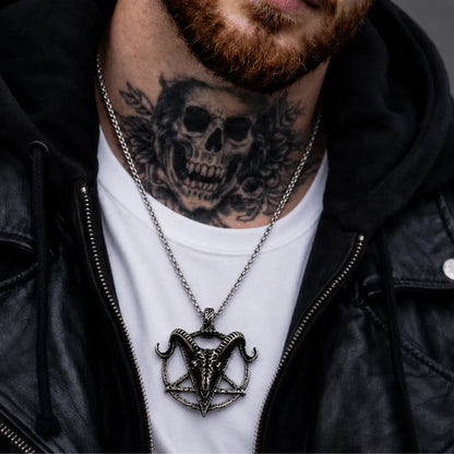 Goat Skull Pentagram Necklace Silver Worn by Male Model Chest View