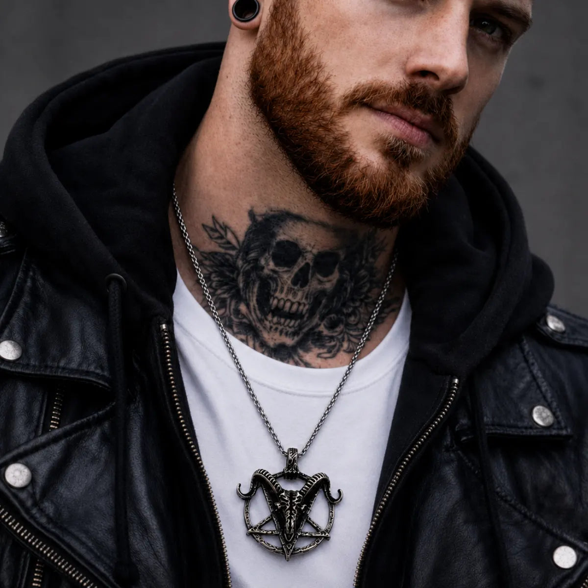 Goat Skull Pentagram Necklace Silver Worn by Male Model Far View