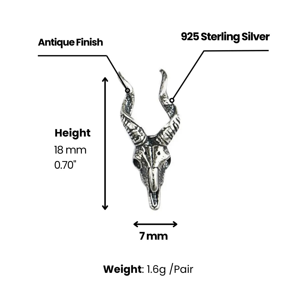 Goat Skull Stud Earrings Sterling Silver Dimensions and Weight