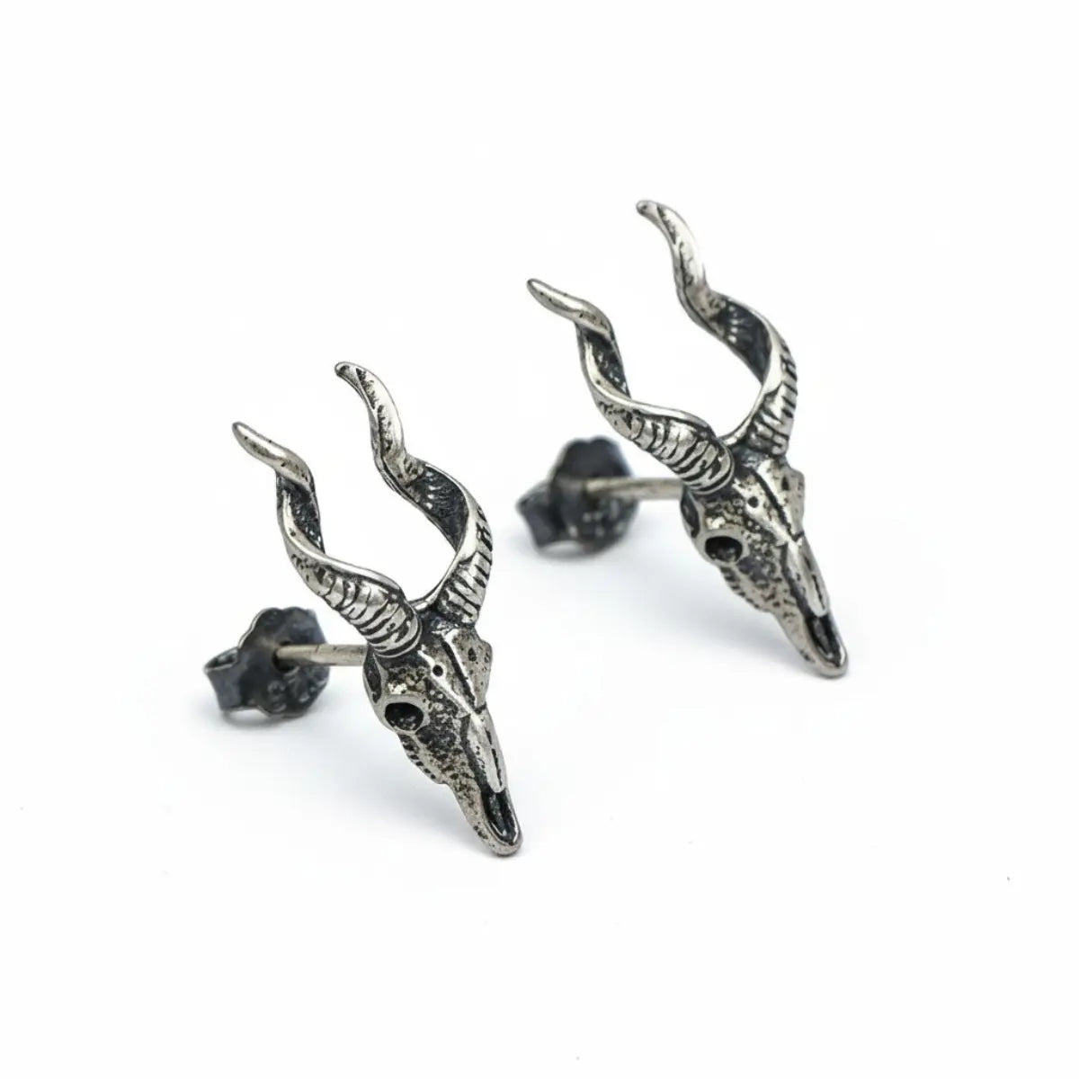 Goat Skull Stud Earrings Sterling Silver Front View