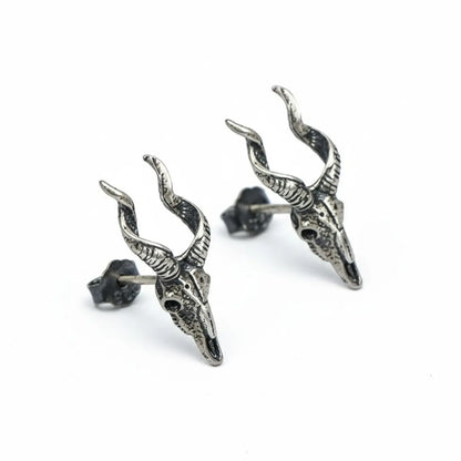 Goat Skull Stud Earrings Sterling Silver Front View