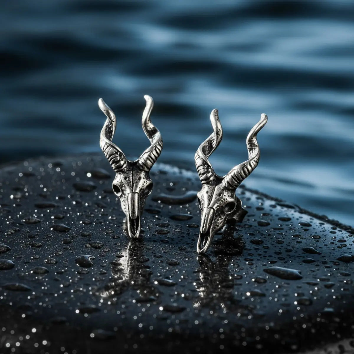 Goat Skull Stud Earrings Sterling Silver