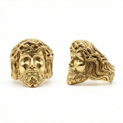 Gold 3D Jesus Head Thorn Ring Multi Angle Details