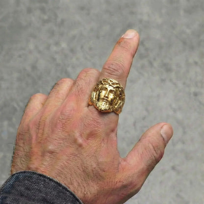 Gold 3D Jesus Head Thorn Ring Worn by Male Model