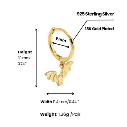 Gold Bat Wing Earrings Sterling Silver Dimensions and Weight