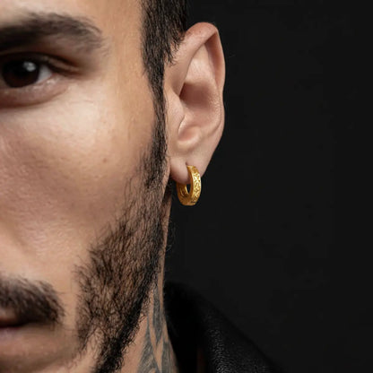 Gold Celtic Knot Huggie Hoop Earrings Worn by Male Model