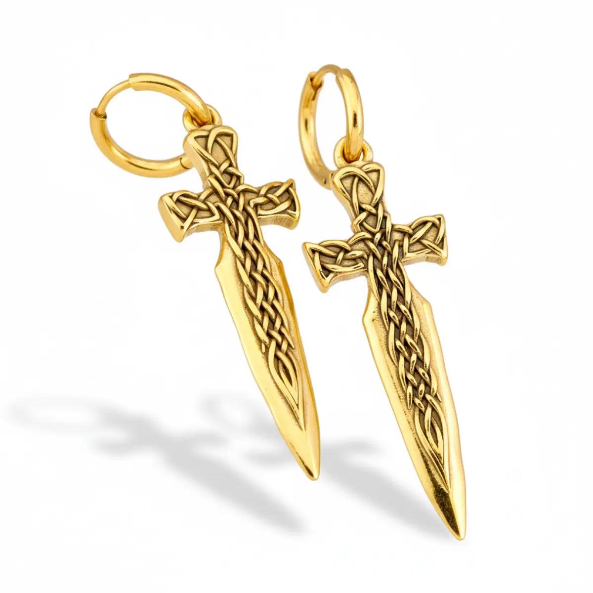 Gold Celtic Knot Sword Earrings Details