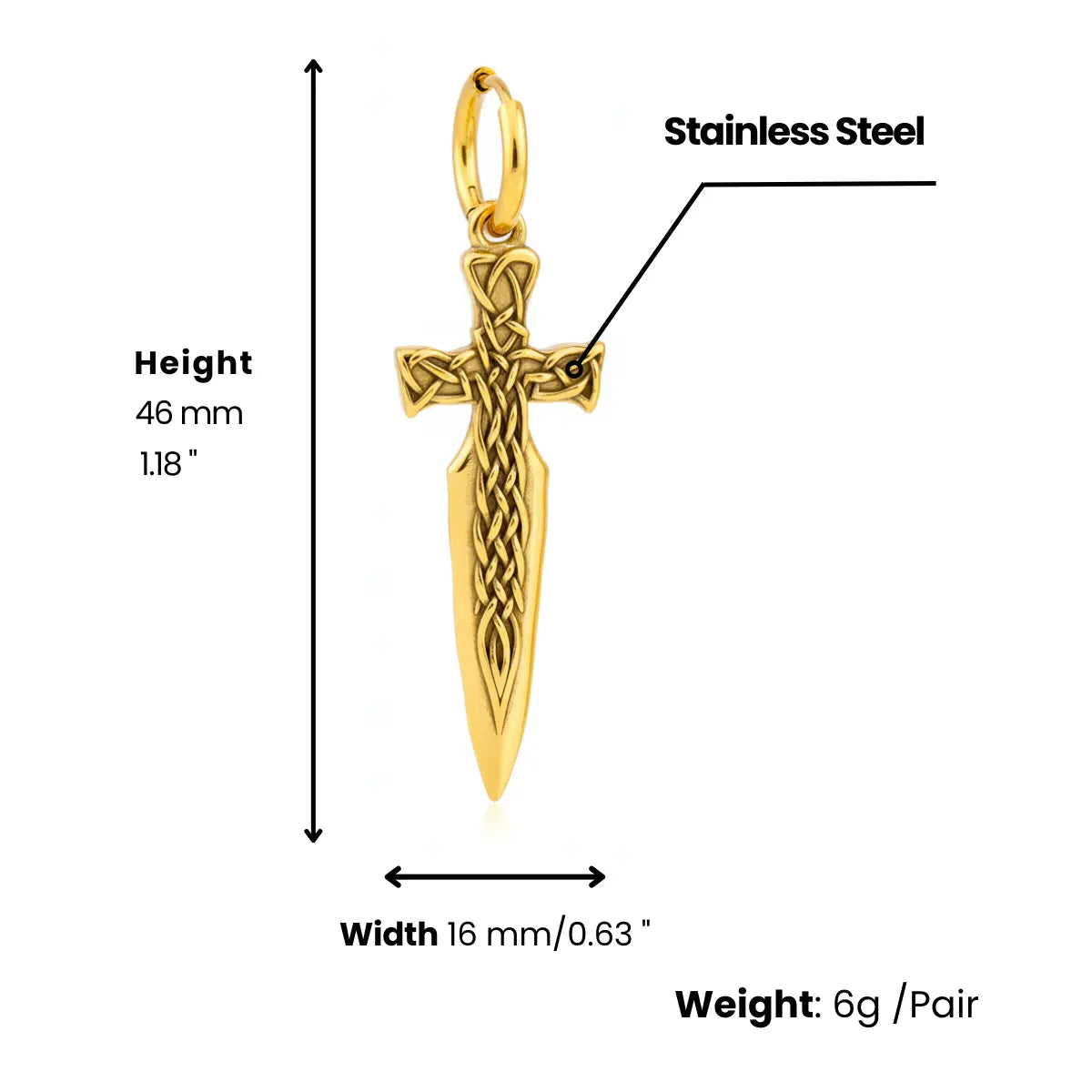Gold Celtic Knot Sword Earrings Dimensions and Weight