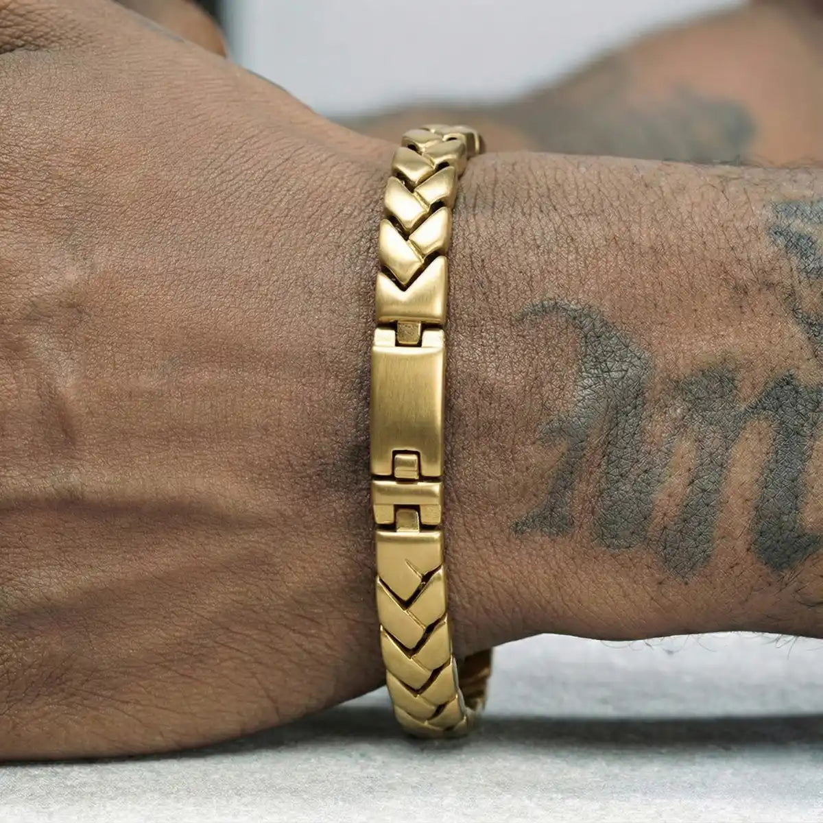 Gold Chevron Link Bracelet 11mm Worn by Male Model