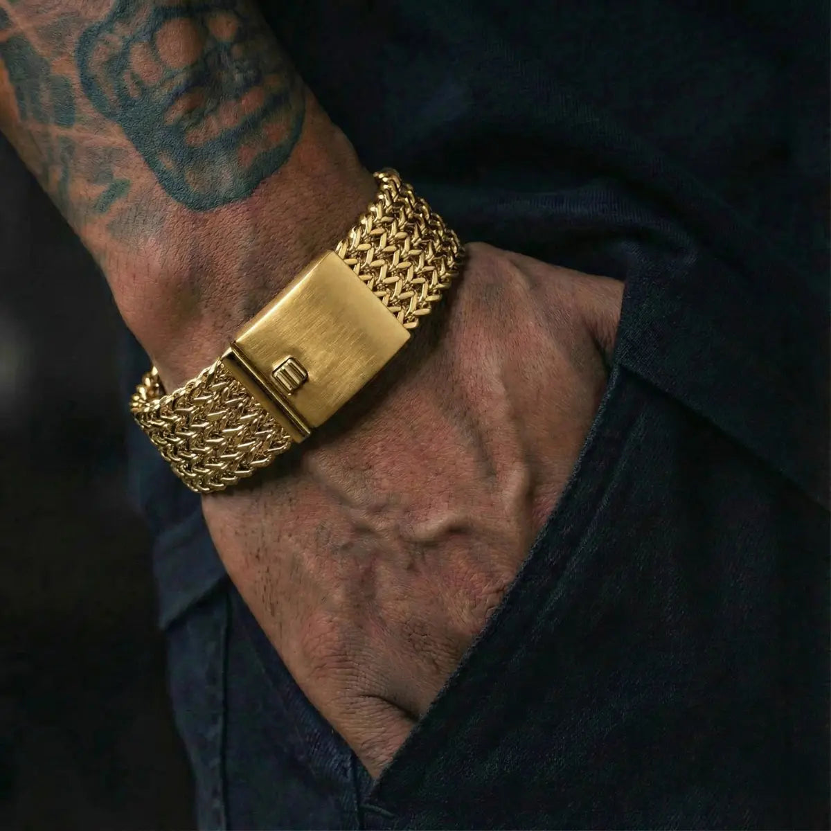 Gold Chunky Woven Mesh Bracelet 30mm Worn by Male Model