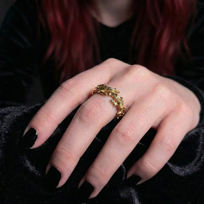 Gold Crown of Thorns Ring Worn by Female Model Close Up