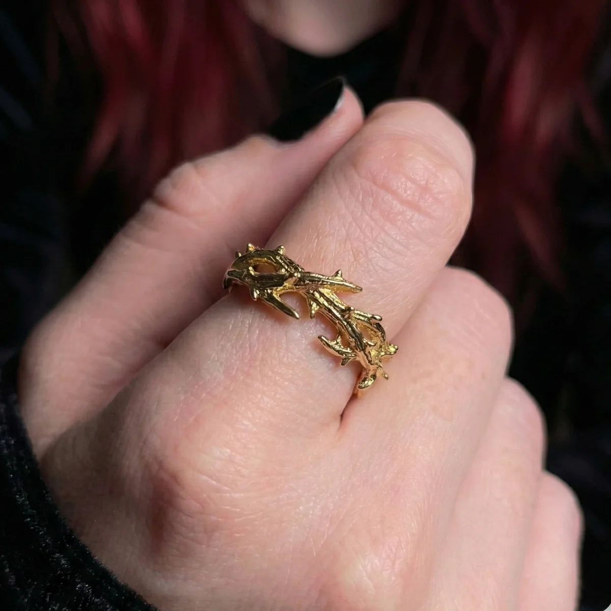Gold Crown of Thorns Ring Worn by Female Model