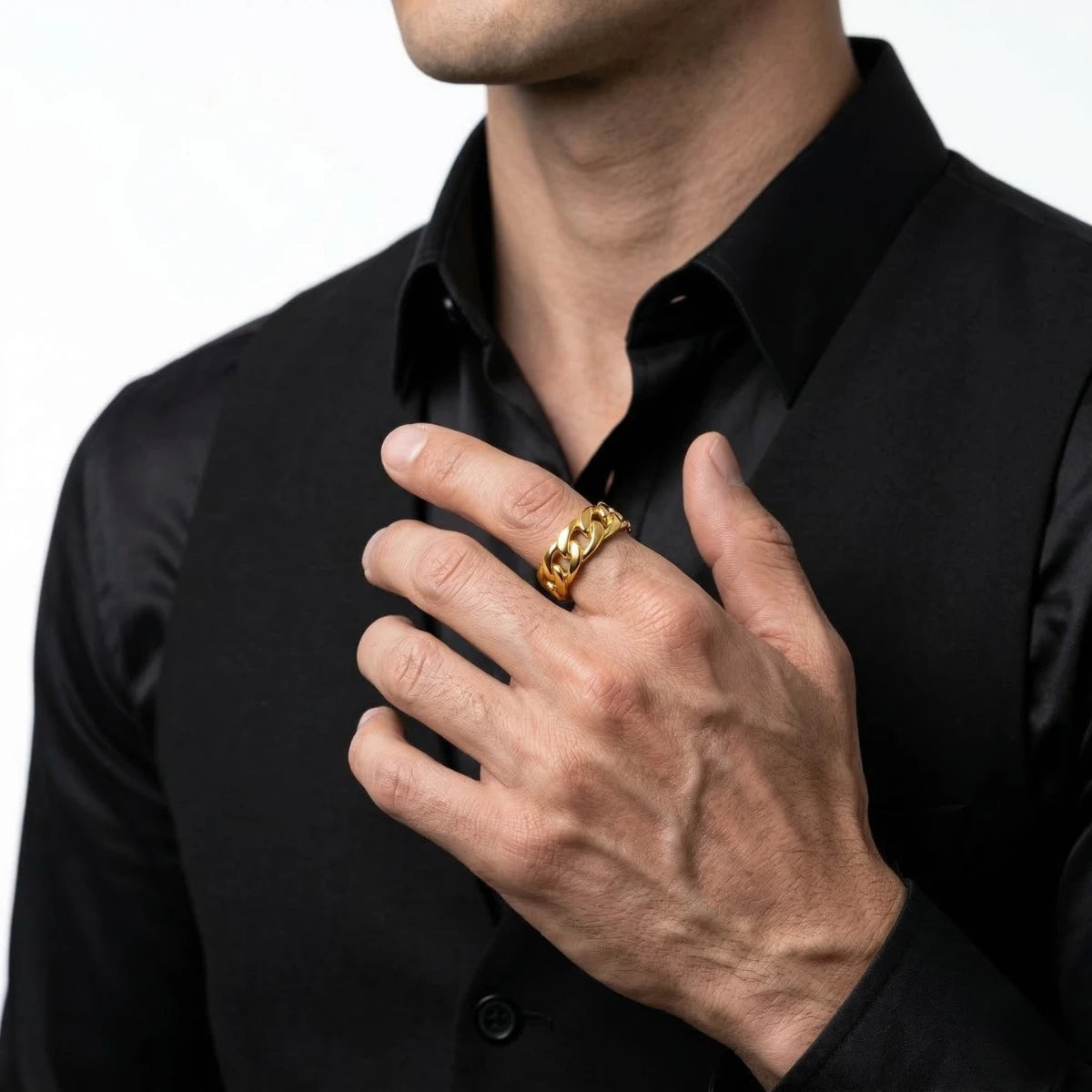 Gold Cuban Link Ring Worn by Male Model