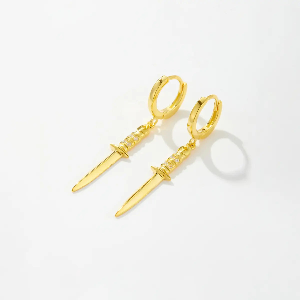 Gold Dagger Drop Earrings Sterling Silver Front