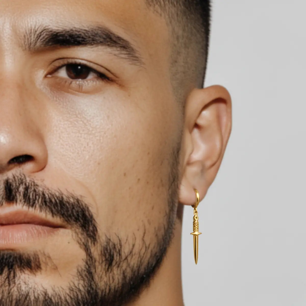 Gold Dagger Drop Earrings Sterling Silver Worn by Male Model