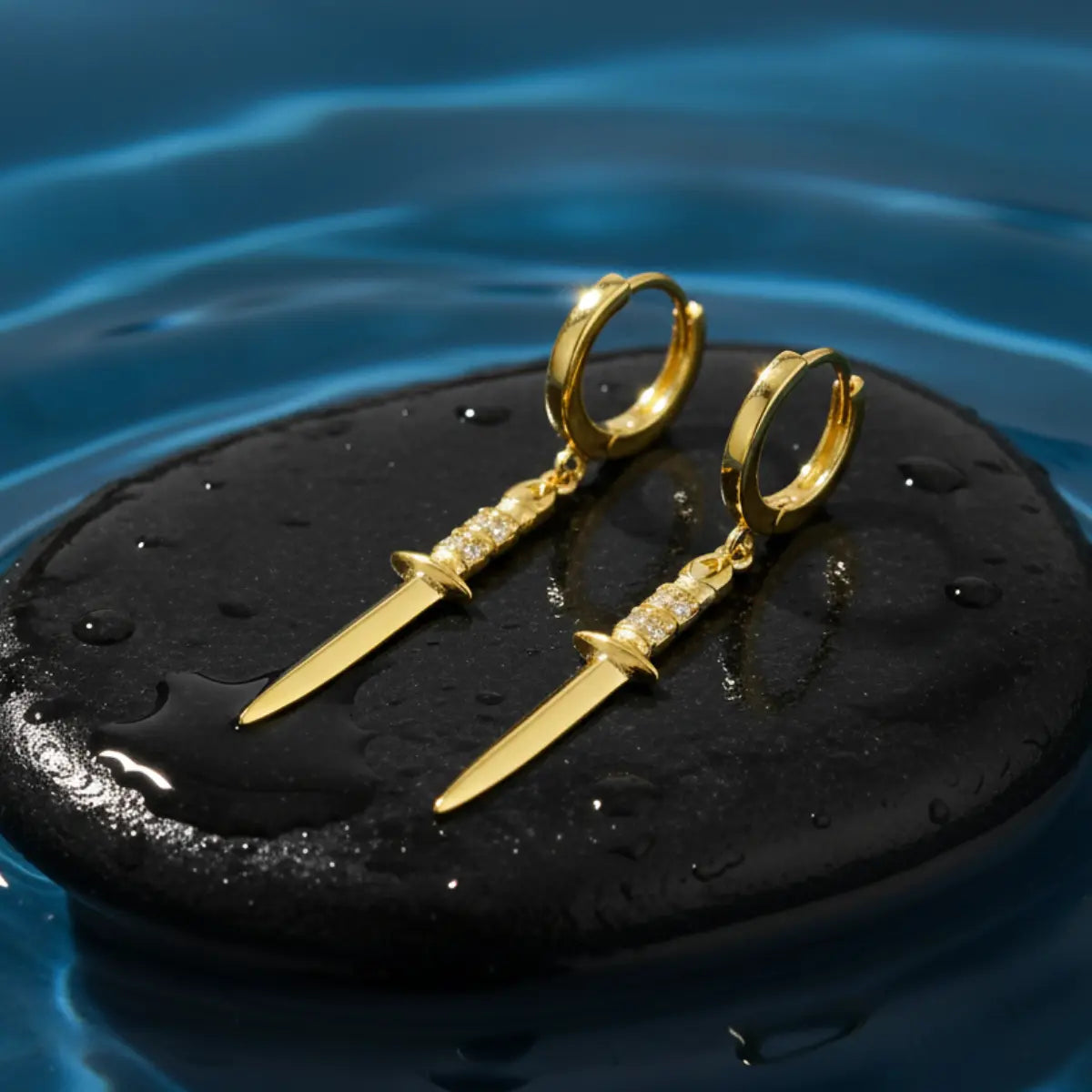 Gold Dagger Drop Earrings Sterling Silver