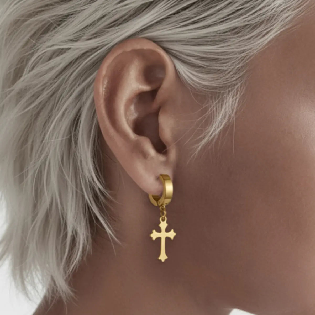 Gold Latin Cross Drop Earrings Worn by Female Model