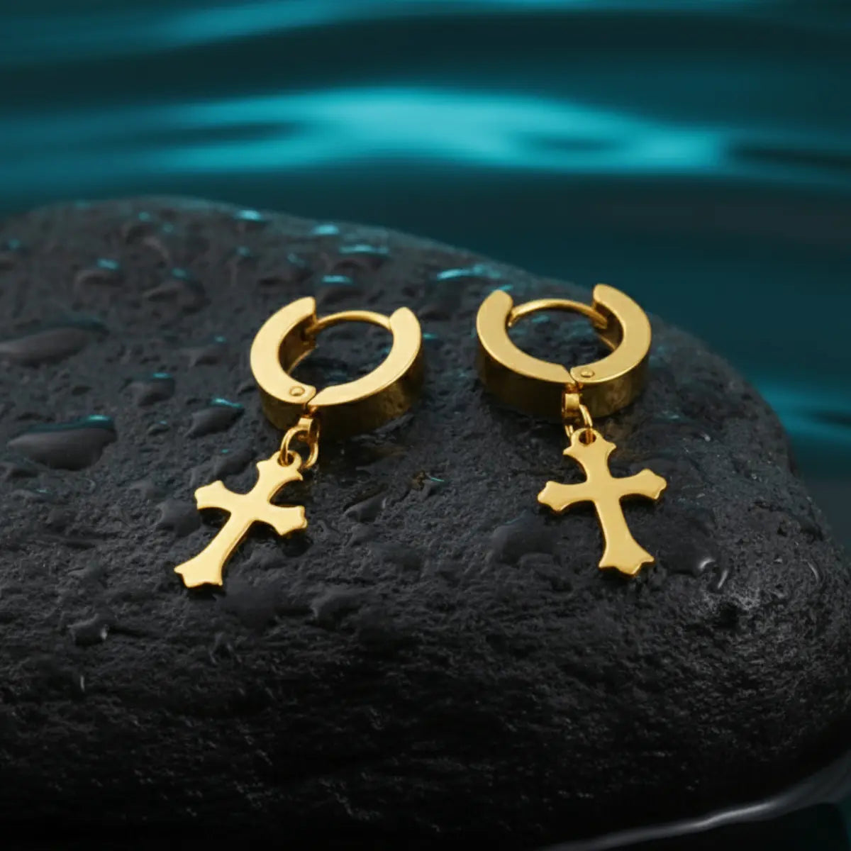 Gold Latin Cross Drop Earrings