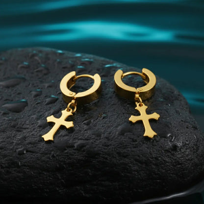 Gold Latin Cross Drop Earrings