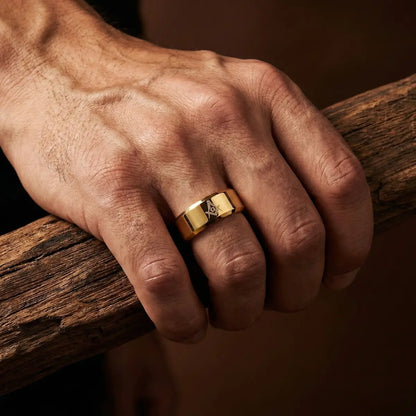 Gold Masonic Tungsten Ring Worn by Male Model