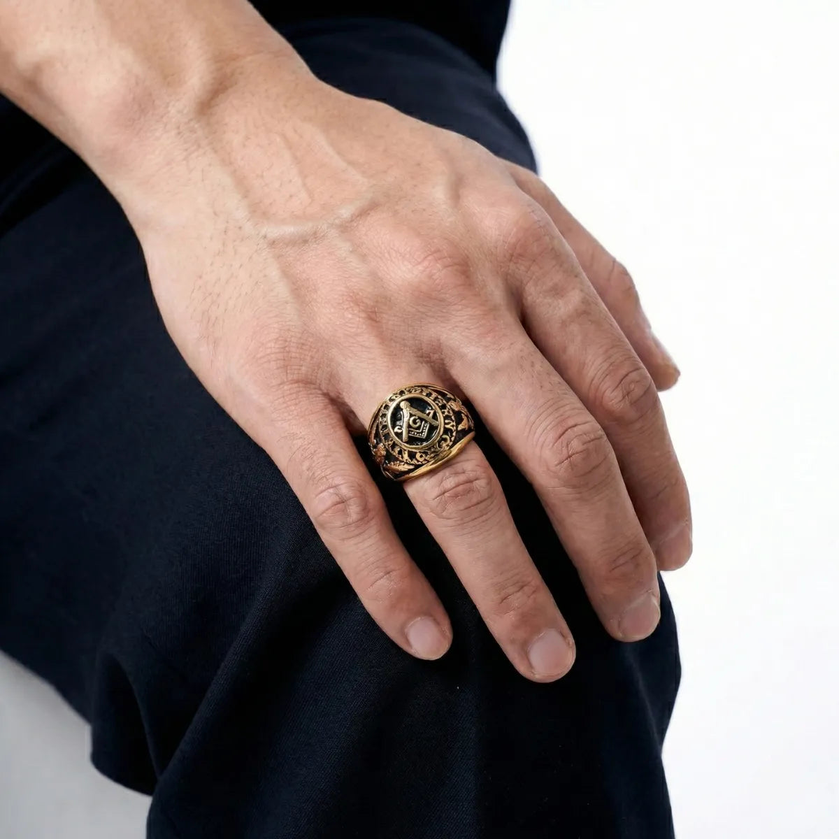 Gold Master Mason Degree Ring Worn by Male Model Close Up
