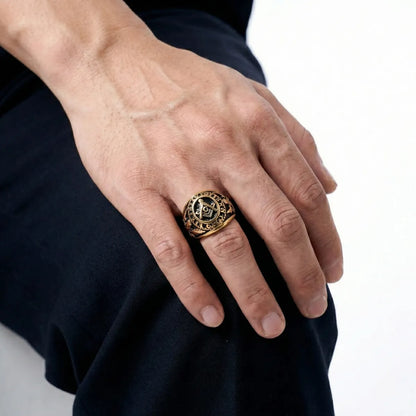 Gold Master Mason Degree Ring Worn by Male Model Close Up