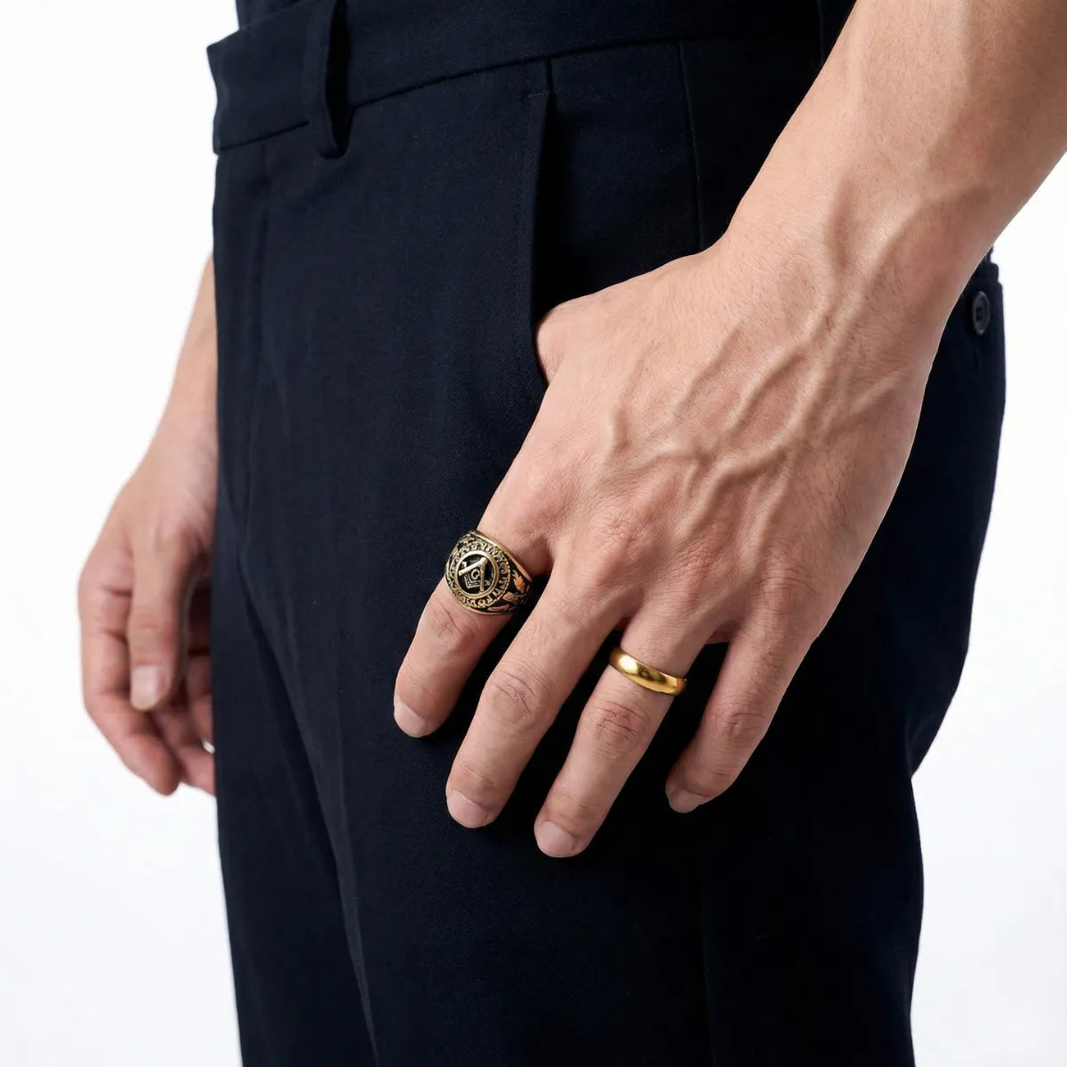 Gold Master Mason Degree Ring Worn by Male Model
