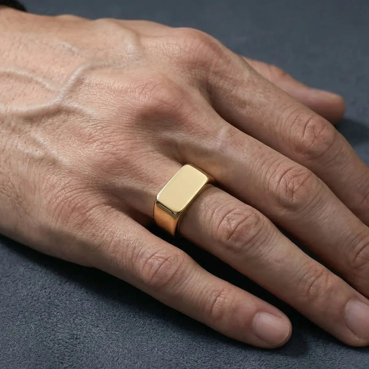 Gold Men’s Flat Top Ring Worn by Male Model